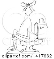 Clipart Of A Cartoon Black And White Lineart Moose Sitting Cross Legged On A Toilet Royalty Free Vector Illustration