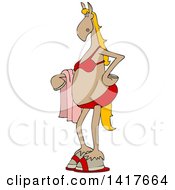 Poster, Art Print Of Cartoon Beige Horse Wearing A Bikini And Holding A Towel