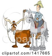 Cartoon Male Rancher Cowboy On A Horse Roping A Texas Longhorn