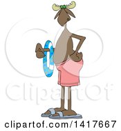 Cartoon Moose In Swimming Trunks And Sandals Holding An Inner Tube
