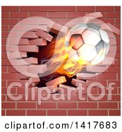 Poster, Art Print Of 3d Flying Flaming Soccer Ball Breaking Through A Brick Wall