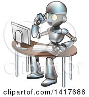 Poster, Art Print Of Cartoon Robot Talking On A Cell Phone And Working At A Computer Desk