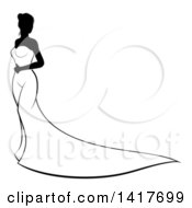 Clipart Of A Silhouetted Black And White Bride In Her Gown Royalty Free Vector Illustration
