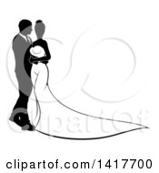 Clipart Of A Silhouetted Black And White Posing Bride And Groom Royalty Free Vector Illustration