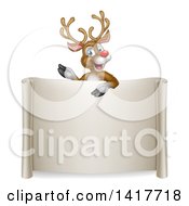 Poster, Art Print Of Happy Rudolph Red Nosed Reindeer Waving Over A Blank Scroll Sign