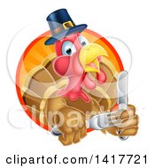 Poster, Art Print Of Hungry Thanksgiving Turkey Bird Wearing A Pilgrim Hat And Holding Silverware