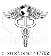 Poster, Art Print Of Black And White Lineart Medical Caduceus With Snakes On A Winged Globe Rod