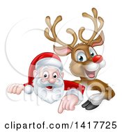 Poster, Art Print Of Cartoon Christmas Red Nosed Reindeer And Santa Pointing Down Above A Sign