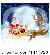 Clipart Of A Flying Magic Christmas Red Nosed Reindeer Rudolph Flying Santa In A Sleigh Above The Clouds Against A Full Moon Royalty Free Vector Illustration