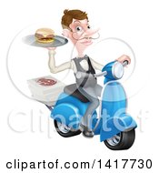 Clipart Of A Cartoon Caucasian Male Waiter With A Curling Mustache Holding A Burger On A Tray On A Moped Royalty Free Vector Illustration