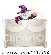 Poster, Art Print Of Happy Old Bearded Wizard Holding A Magic Wand And Pointing Down Over A Blank Scroll Sign
