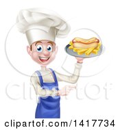 Poster, Art Print Of Young White Male Chef Holding A Hot Dog And French Fries On A Platter And Pointing