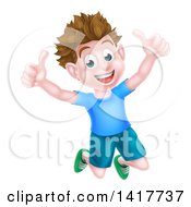 Poster, Art Print Of Cartoon Happy Excited Brunette Caucasian Boy Jumping And Giving Two Thumbs Up