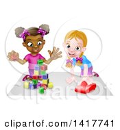 Poster, Art Print Of Cartoon Happy White And Black Girls Sitting On The Floor Painting And Playing With Blocks