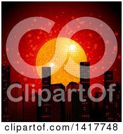 Clipart Of A 3d Golden Disco Ball And Burst In A Red Sky Over A City Skyline Royalty Free Vector Illustration