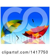 Clipart Of A Blue Background With 3d Umbrellas On A Reflective Surface Royalty Free Vector Illustration