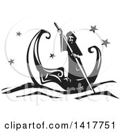 Clipart Of A Black And White Woodcut Man Rowing In A Crescent Moon Canoe Royalty Free Vector Illustration