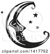 Clipart Of A Black And White Woodcut Crescent Moon With A Face Royalty Free Vector Illustration