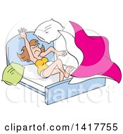 Clipart Of A Cartoon Caucasian Woman Tossing And Tumbling In Bed Royalty Free Vector Illustration by Johnny Sajem