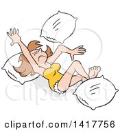 Clipart Of A Cartoon Caucasian Woman Tossing And Tumbling With Pillows Royalty Free Vector Illustration by Johnny Sajem