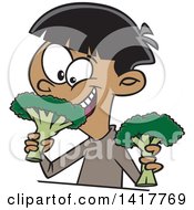 Cartoon Happy Boy Eating Broccoli