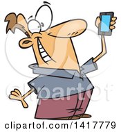 Cartoon Caucasian Man Holding Up A Smart Phone And Taking A Selfie