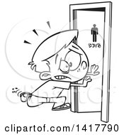 Clipart Of A Cartoon Black And White School Boy Running To The Bathroom Royalty Free Vector Illustration