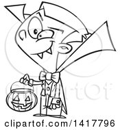Clipart Of A Cartoon Black And White Vampire Boy Trick Or Treating On Halloween Royalty Free Vector Illustration by toonaday