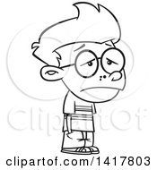 Clipart Of A Cartoon Black And White Sad Outsider Nerdy School Boy Royalty Free Vector Illustration by toonaday