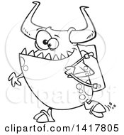 Poster, Art Print Of Cartoon Black And White Happy Monster Going Back To School