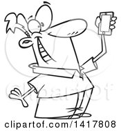 Cartoon Black And White Man Holding Up A Smart Phone And Taking A Selfie