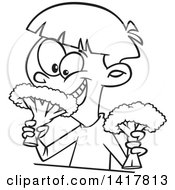 Clipart Of A Cartoon Black And White Happy Boy Eating Broccoli Royalty Free Vector Illustration