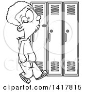 Cartoon Black And White African American School Boy Whistling And Sneaking Around Lockers