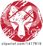 Clipart Of A Retro White Wolf Head In A Red Scratched Grungy Circle Royalty Free Vector Illustration