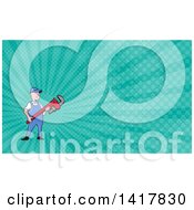 Poster, Art Print Of Retro Cartoon White Male Plumber Or Handy Man Holding A Monkey Wrench And Turquoise Rays Background Or Business Card Design