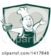 Retro Chef Holding A Bowl Of Hot Noodle Soup And Cheering Welcoming Or Dancing In A Shield