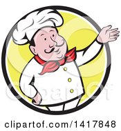Clipart Of A Retro Cartoon Male French Chef Presenting In A Black White And Yellow Circle Royalty Free Vector Illustration
