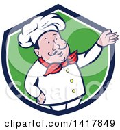 Poster, Art Print Of Retro Cartoon Male French Chef Presenting In A Blue White And Green Crest