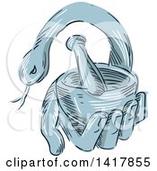Poster, Art Print Of Sketched Blue Hand Holding A Mortar And Pestle With A Snake