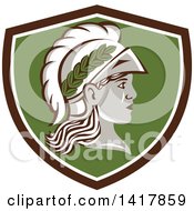 Poster, Art Print Of Profile Portrait Of The Roman Goddess Of Wisdom Minerva Or Menrva Wearing A Helmet And Laurel Crown In A Brown White And Green Shield