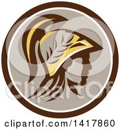Profile Portrait Of The Roman Goddess Of Wisdom Minerva Or Menrva Wearing A Helmet And Laurel Crown In A Brown White And Taupe Circle