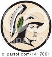 Poster, Art Print Of Profile Portrait Of The Roman Goddess Of Wisdom Minerva Or Menrva Wearing A Helmet And Laurel Crown In A Black And Beige Circle