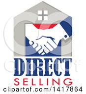 Clipart Of A Retro House With Shaking Hands And Direct Selling Text Royalty Free Vector Illustration by patrimonio
