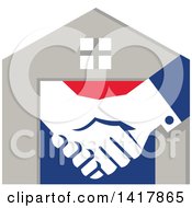 Clipart Of A Retro House With Shaking Hands Royalty Free Vector Illustration by patrimonio