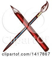 Clipart Of A Retro Crossed Red Pencil And Paintbrush Royalty Free Vector Illustration