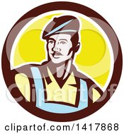 Poster, Art Print Of Retro Male French Artist Wearing A Beret In A Brown White And Yellow Circle