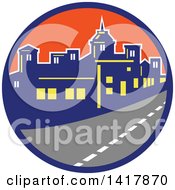 Poster, Art Print Of Retro Street And City Skyline In A Blue And Orange Circle