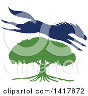 Poster, Art Print Of Blue Silhouetted Horse Leaping Over A Green Oak Tree
