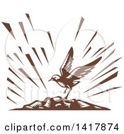 Retro Brown Woodcut Plover Bird Landing On An Island