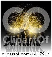 Clipart Of A Background Of Silhouetted Party People Dancing And A Gold Glitter Burst Royalty Free Vector Illustration